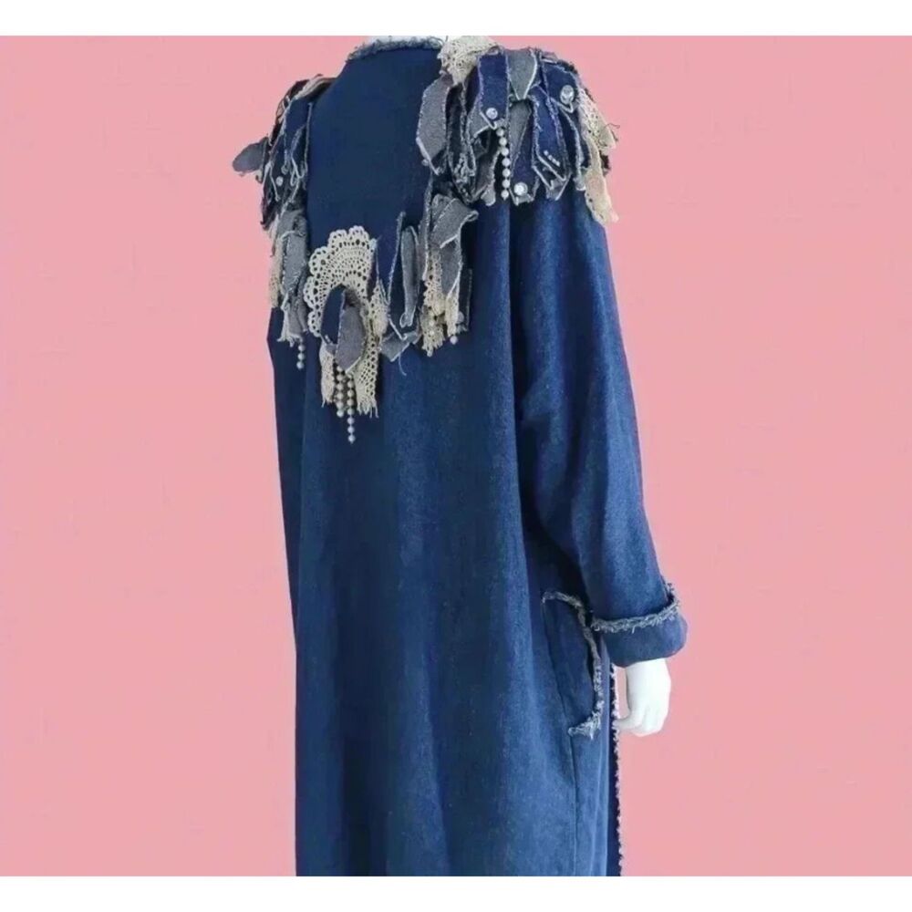 Denim Maxi Duster Coat Patchwork Boho Western Festival Fringe Rare Large - Picture 3 of 6